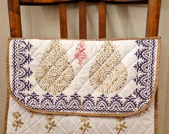 Block print laptop bag with floral pattern, hand-printed laptop bag made from 100% cotton. Block print with floral hand embroidery.
