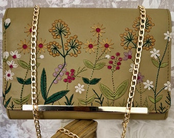Khaki bag with floral embroidery, faux leather bag, handbag with chain strap, shoulder bag, bag with gold chain strap