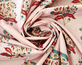 Block print tablecloth with floral and leaf-like patterns – pink, red, turquoise – handmade from cotton – 200 x 110 cm