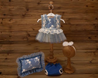Conjunto de vestido tutu azul de renda para recém-nascido, adereço floral para fotografia.