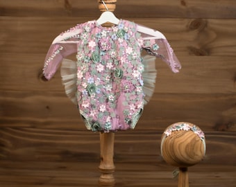 Lavender Floral Newborn Romper Set: Lace Tutu Outfit, Baby Photo Prop