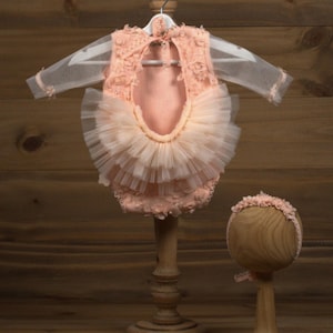 Peach Baby Girl Romper Set | Newborn Outfit with Headband | 3D Floral Lace Tutu Bodysuit | Photography Prop for Infant Girl