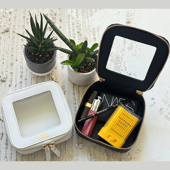 Personalized Mini Clear Cosmetic Case: Vegan Leather Travel Makeup Bag