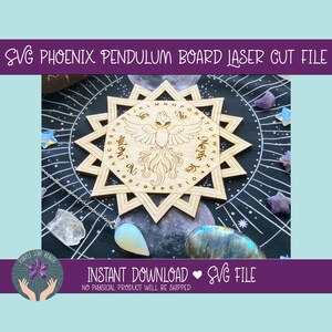 Tablero de péndulo Phoenix SVG / Archivo de corte y grabado láser / Adivinación, Tabla de Sí/No/Quizás / Glowforge, Compatible con OmTech