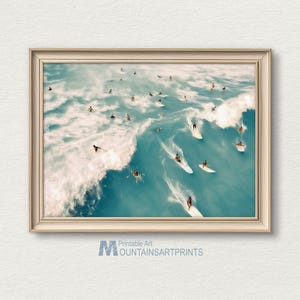 Surfer Beach Wall Art, Coastal Surfing Print, Summer Beach House Decor, Turquoise Wave painting Download, Aerial Coastal Ocean Art, M-197