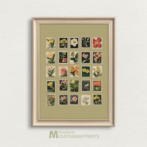 Vintage Blumen Wandkunst, druckbare Blumen Post Briefmarken Kunst, Frühlingsblumendrucke, antike Wildblumen Wand-Dekor, Blumen Ephemera Briefmarken