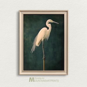 Vintage Japanese Crane Printable Art, Bird Wall Art, Crane Poster Digital Download, Soft Green Home Decor, Farmhouse Wall Art, Japandi Style