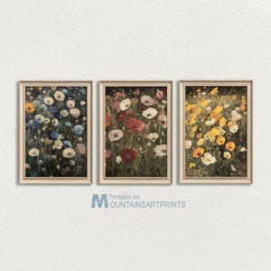 Vintage Spring Wall Art, Printable Wildflower Field Painting, Set of 3 Floral Prints, Farmhouse Decor, Field of Poppies Oil Painting