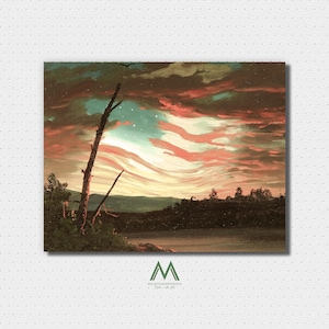 Vintage Patriotic Oil Painting Print, USA Flag on Sky Painting, Independence Day Wall Art, 4th of July Printable Art, Cottage Print, M-129
