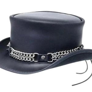 Zwarte leren steampunk-cilinderhoed met kettingband – gotische Victoriaanse biker-rockerkostuumhoed voor heren en dames 'festivalaccessoire' cadeau voor hoed.