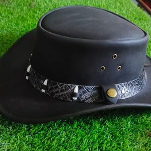 Black Leather Cowboy Hat: Steampunk Western Style with Bone Beads