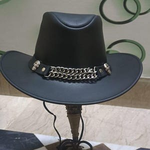 Black Cowboy Hat with Skull and Chain Band – Western Outlaw Style Wide Brim Hat for Men & Women&quot; Handmade Products Birthday gift