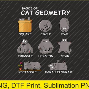 Puede incluir: Una ilustración humorística de gatos en diferentes formas geométricas, incluyendo un cuadrado, un círculo, un óvalo, un triángulo, un hexágono, una estrella, un rectángulo y un paralelogramo. El texto "BASICS OF CAT GEOMETRY" está en la parte superior de la imagen.