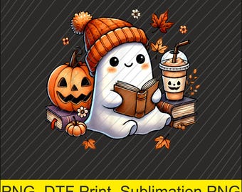 Cute Ghost Reading Book Lovers Halloween Ghost Coffee Women  PNG | Digital Download | DTF Print