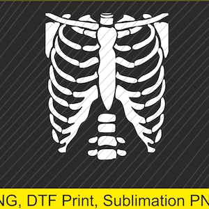 May include: A white, stylized illustration of a human rib cage against a black background with diagonal lines. The image includes the text "PNG, DTF Print, Sublimation PNG" in a yellow banner at the bottom.