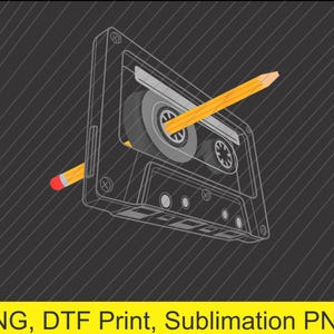 May include: A yellow pencil is sticking out of a cassette tape. The tape is gray and has a black label. The pencil is pointing to the right.