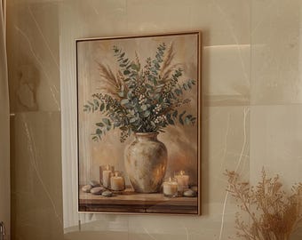 Eucalyptus Spa Canvas Art, Sage Beige Bathroom Print, Neutral Zen Stone Decor