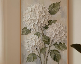 White Hydrangea Floral Canvas Wall Art, Neutral Minimalist Botanical Oil Painting, French Country Home Decor