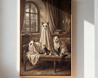 Ghost Cat Halloween Canvas Art, Vintage Black Cats, Dark Academia Decor