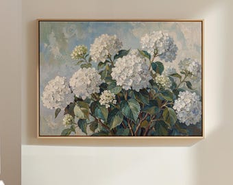 White Hydrangea Canvas Wall Art, Floral Botanical Home Decor,  Light Blue Cottagecore Flower Printing