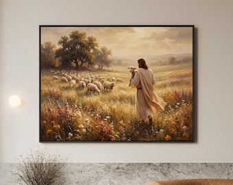 Jesus Leaves the 99 Canvas Wall Art, Good Shepherd Christian Painting, Biblical Lamb Decor