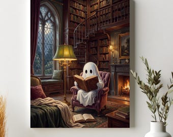 Ghost Reading Canvas Wall Art, Halloween Painting, Dark Academia Library Decor, Book Lover Gift, Spooky Season