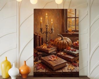 Autumn Pumpkin Books Canvas Wall Art, Vintage Library Still Life, Fall Reading Nook Print, Cozy Dark Academia Decor