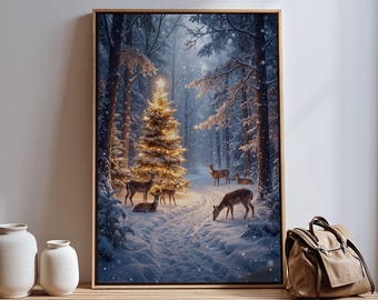 Christmas Snowy Deer Landscape Canvas, Winter Woodland Tree Wall Art, Cozy Forest Wall Decor