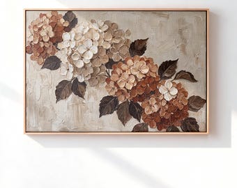 Fall Hydrangea Canvas Wall Art, Neutral Autumn Floral Oil Painting, Vintage Modern Botanical Decor