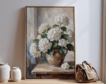 White Hydrangea Canvas Wall Art, Neutral Botanical Decor, Rustic Flower Painting, Farmhouse Floral Still Life