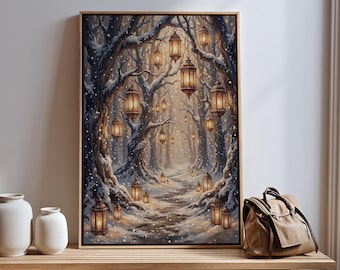 Winter Snowy Landscape Canvas Wall Art, Moody Christmas Lights Printing, Cozy Cottagecore Decor