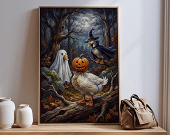 Halloween Ghost Goose Canvas Wall Art, Farmhouse Spooky Autumn Pumpkin Artwork, Cottagecore Gift