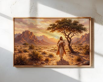 Jesus Walking with Lamb Canvas Wall Art, Christian Biblical Painting, Faith Inspired Religious Decor