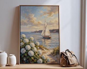 Coastal Sailboat Canvas, Nautical Wall Art, White Hydrangea Painting, Seaside Landscape, Lighthouse Ocean Decor