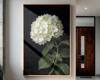 Moody White Hydrangea Flower Canvas Wall Art, French Country Farmhouse Botanical Decor, Dark Academia Printing