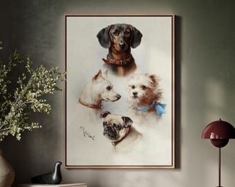 Carl Reichert A Motley Crew Canvas, Vintage Dog Wall Art, Animal Oil Painting, Victorian Style Home Decor