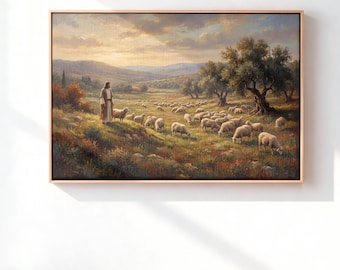 The Lord is My Shepherd Christian Canvas Wall Art, Jesus Leaves the 99, Neutral Jesus and Sheep Oil Painting, Modern Faith Decor
