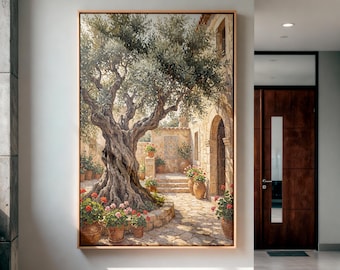 Olive Tree Canvas Wall Art, Mediterranean Courtyard Painting, Tuscan Farmhouse Decor, Italian Rustic Landscape