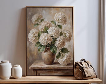 White Hydrangea Canvas Art, Vintage Floral Farmhouse Botanical Print