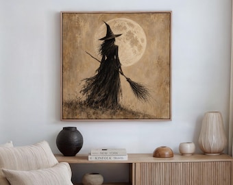 Full Moon Witch Canvas Wall Art, Gothic Moonlit Print, Beige Dark Fantasy Broomstick Decor