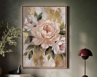 Pink Peony Canvas Wall Art, Blush Gold Abstract Floral Painting, Modern Elegant Statement Piece