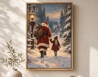 Santa Claus & Child Christmas Canvas, Vintage Winter Wall Art, Snowy Holiday, Father Christmas Painting