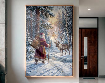 Vintage Santa Claus Canvas Wall Art, Reindeer Christmas Decor, Snowy Forest Printing