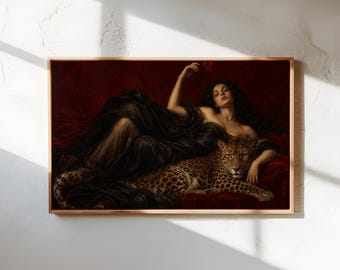 Abstract Woman with Leopard Canvas, Burgundy Cheetah Wall Art, Dark Feminine Oil Painting