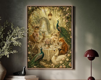 Whimsical Jungle Tea Party Canvas Wall Art, Safari Animals, Vibrant Forest Nursery Painting