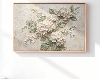 White Hydrangea Canvas Wall Art, Neutral Botanical Floral Print, Vintage Cottagecore Decor, Rustic Farmhouse Flower Art