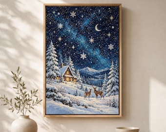 Snowy Christmas Canvas Wall Art, Starry Night Forest Cabin Print,  Winter Wonderland Deer Decor