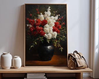 Vase of Flowers Canvas Wall Art, Botanical Artwork, Rustic White Red Blooms