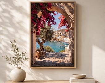 Mediterranean Canvas Wall Art, Bougainvillea Coastal Village, Seaside Archway Landscape Decor