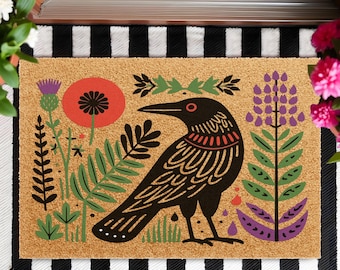 Folk Art Raven Crow Coir Doormat, Welcome Front Door Mat, New Home Closing Housewarming Gift